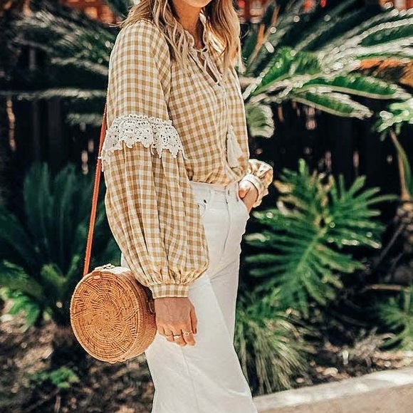 🔴 Mustard Yellow Gingham Plaid Boho Peasant Top - Picture 4 of 8